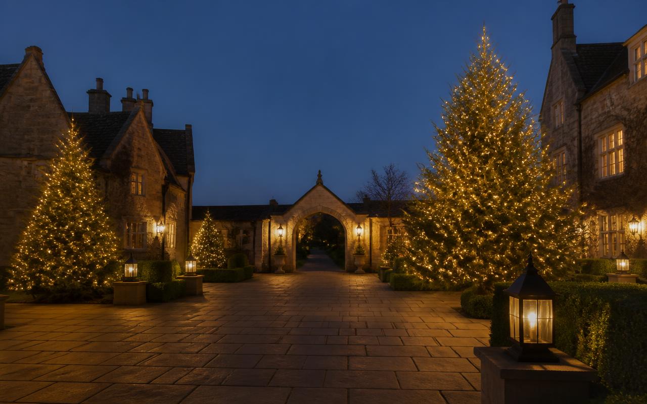 Managed estates dressed with warm white Christmas lights