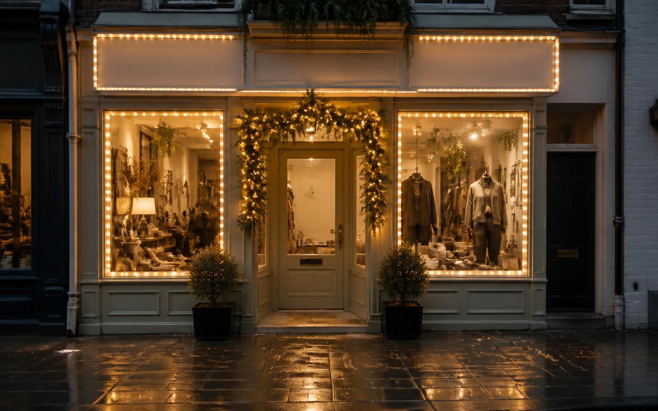 Retail and shopfronts dressed with warm white Christmas lights