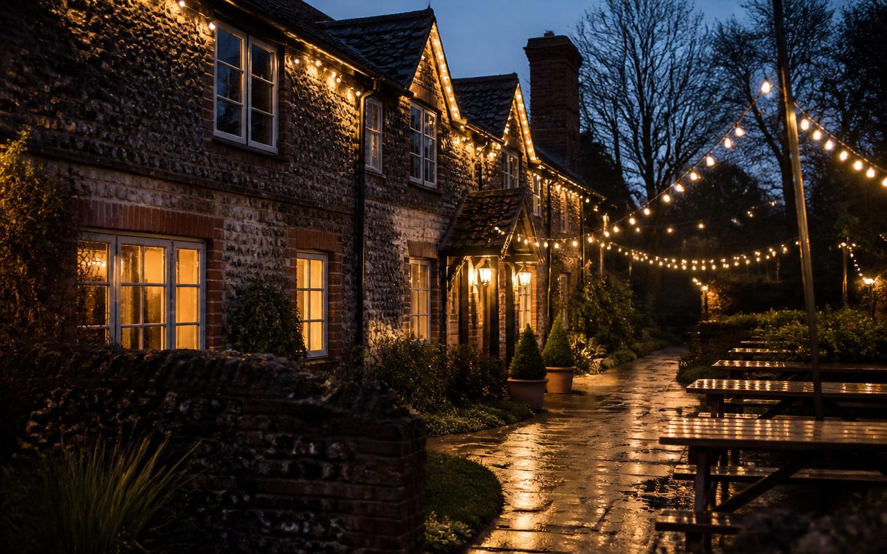 Pubs and restaurants dressed with warm white Christmas lights