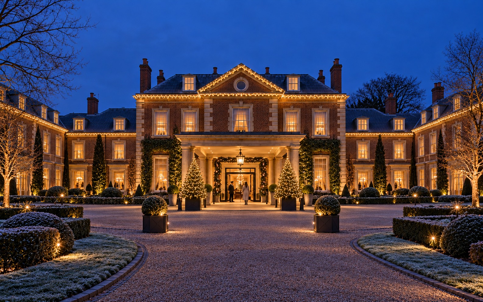 Symmetrical country-house hotel with warm white roofline lights and illuminated entrance trees