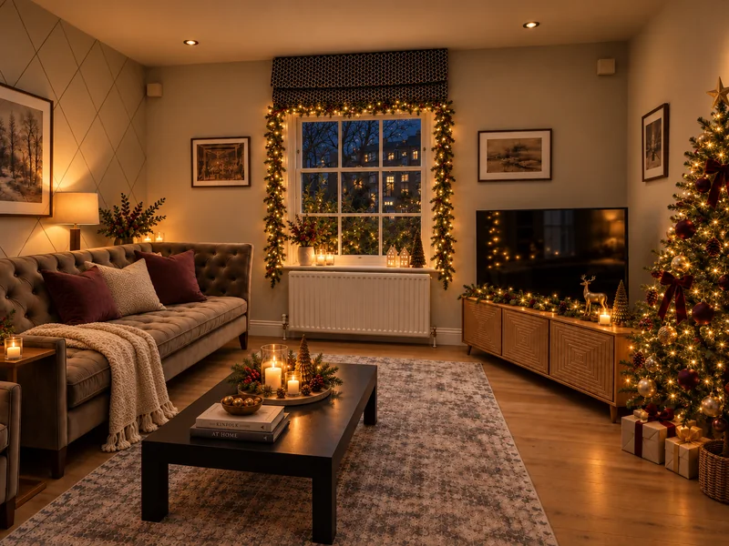 The same Clapham living room with a lit tree and warm white window garland