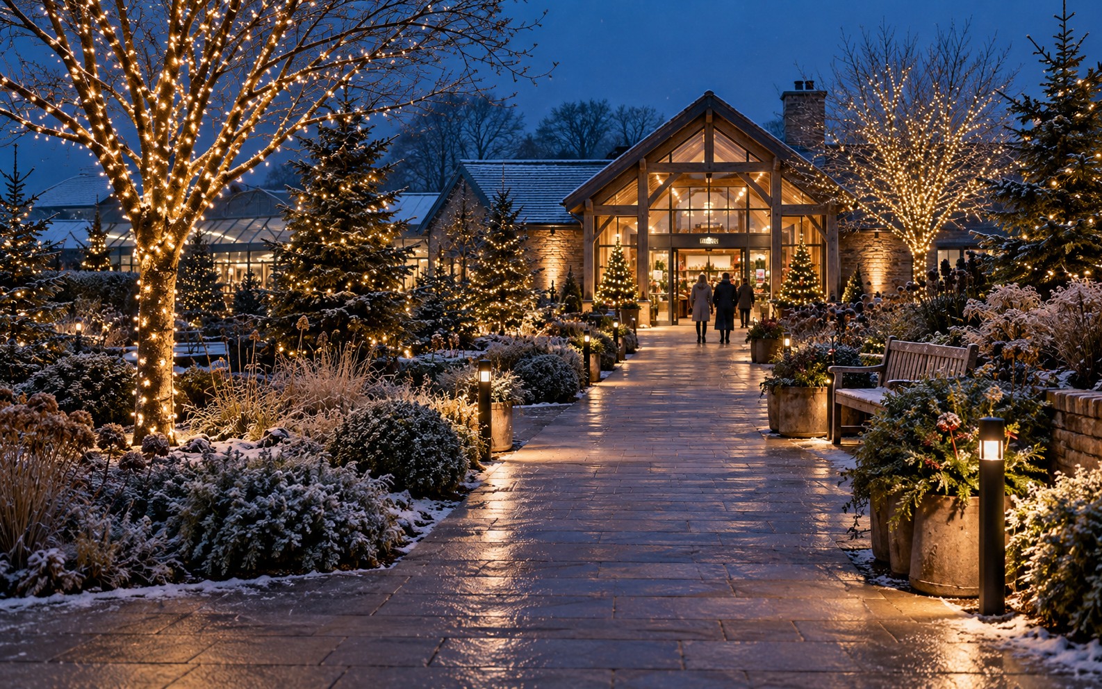 Winter garden-centre path lined with warm white tree lights leading to a timber entrance