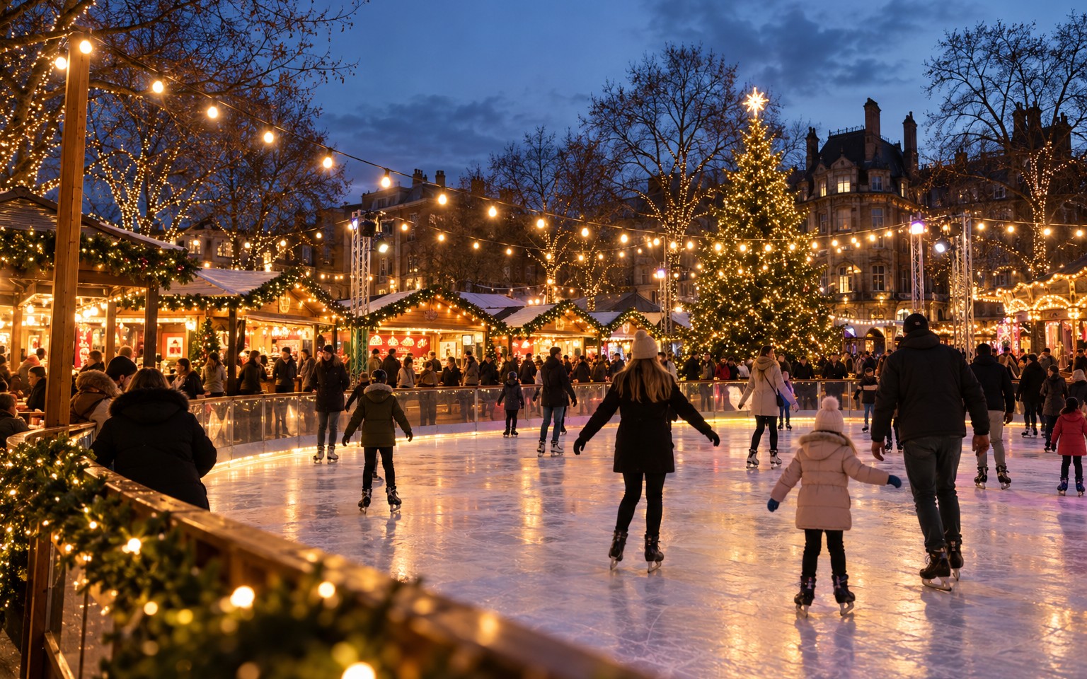 Outdoor ice rink at a Christmas market at dusk, skaters beneath warm string lights and a large decorated tree