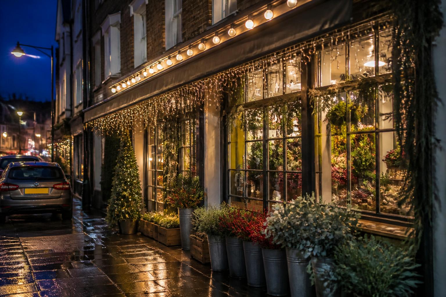 High-Street Florist, Beaconsfield — Beaconsfield, lit with warm white Christmas lights
