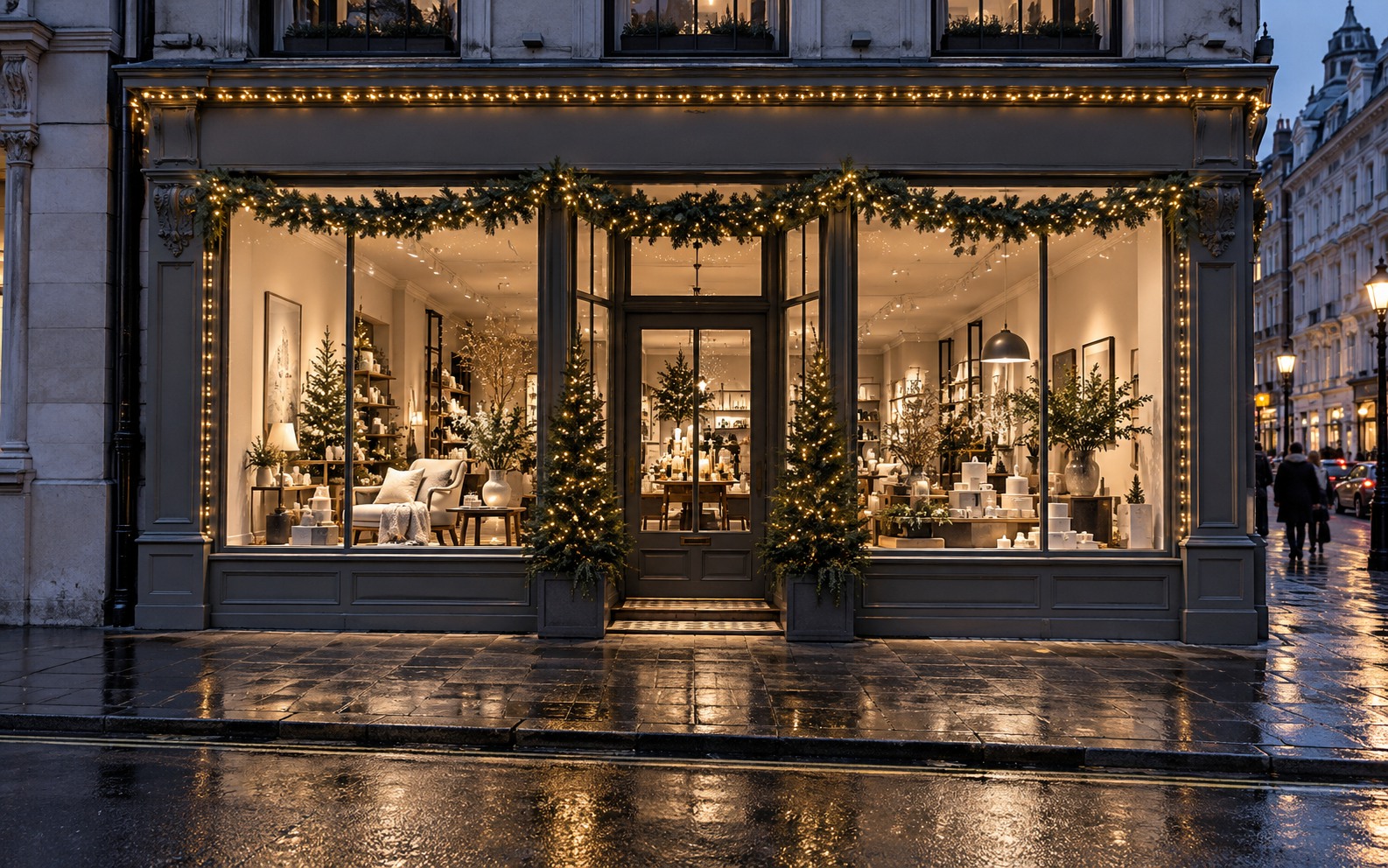 Independent shopfront with warm white fascia lights, window displays and entrance garland