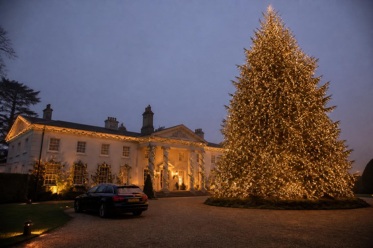 Country House and Cedar, Virginia Water — Virginia Water, lit with warm white Christmas lights