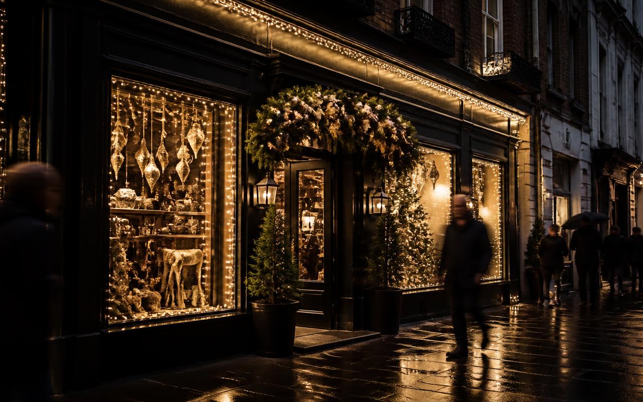 High-Street Shopfront — London, lit with warm white Christmas lights