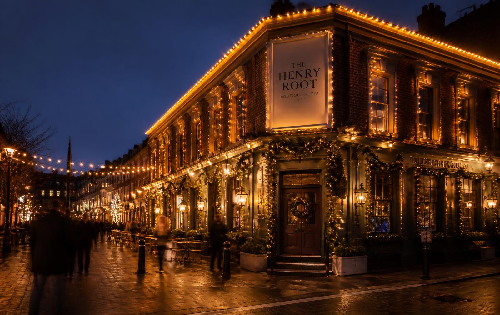 A lit London hotel and pub frontage at dusk, roofline and festoon in warm white