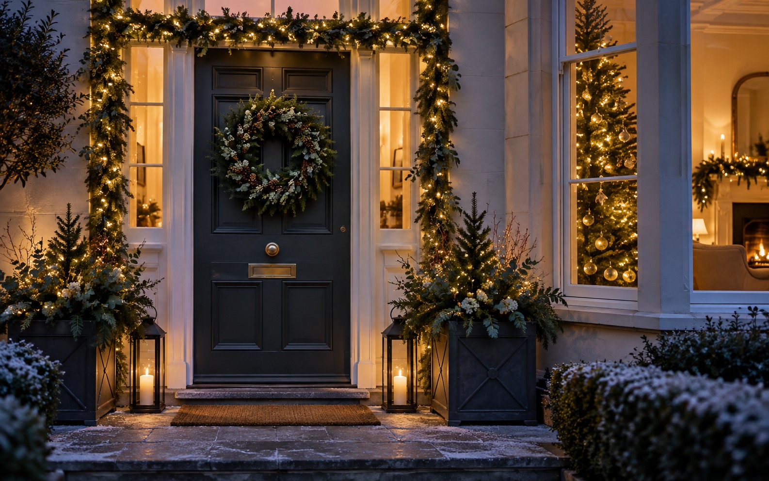 A dark front door with a lit wreath, garland, planters and a Christmas tree visible inside