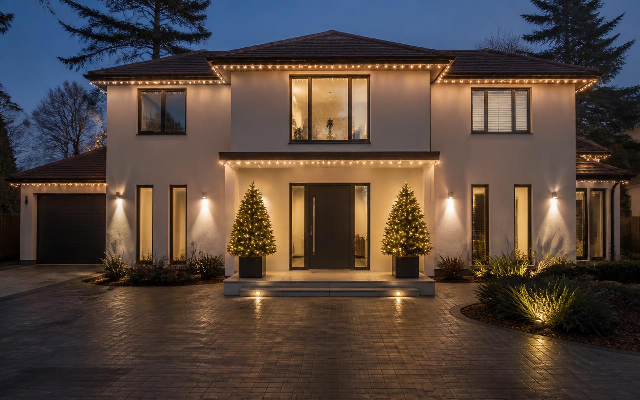 Modern Detached, Cobham — Cobham, lit with warm white Christmas lights