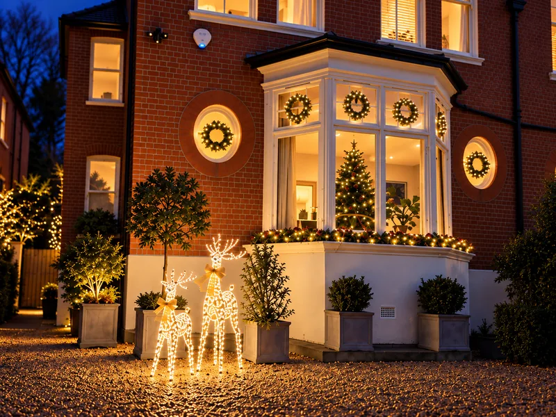 The same Putney bay window with warm white lights, lit planters and reindeer figures