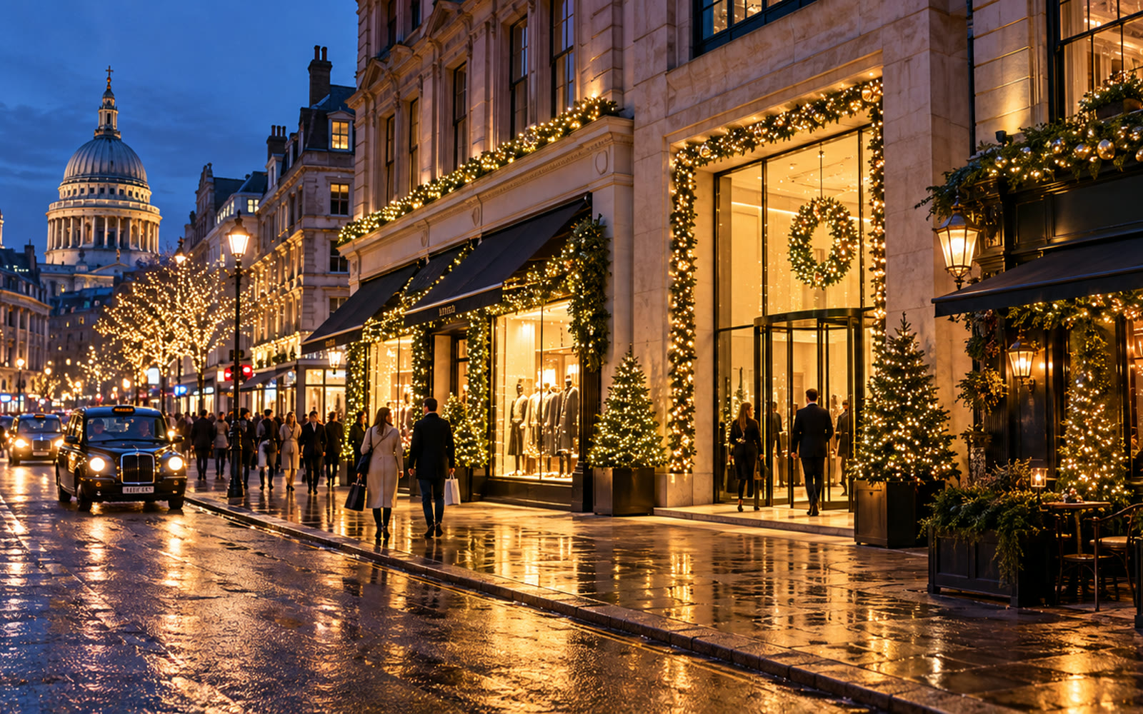 London high street at dusk with St Paul's in the distance, shopfronts and a restaurant lit with warm Christmas garlands