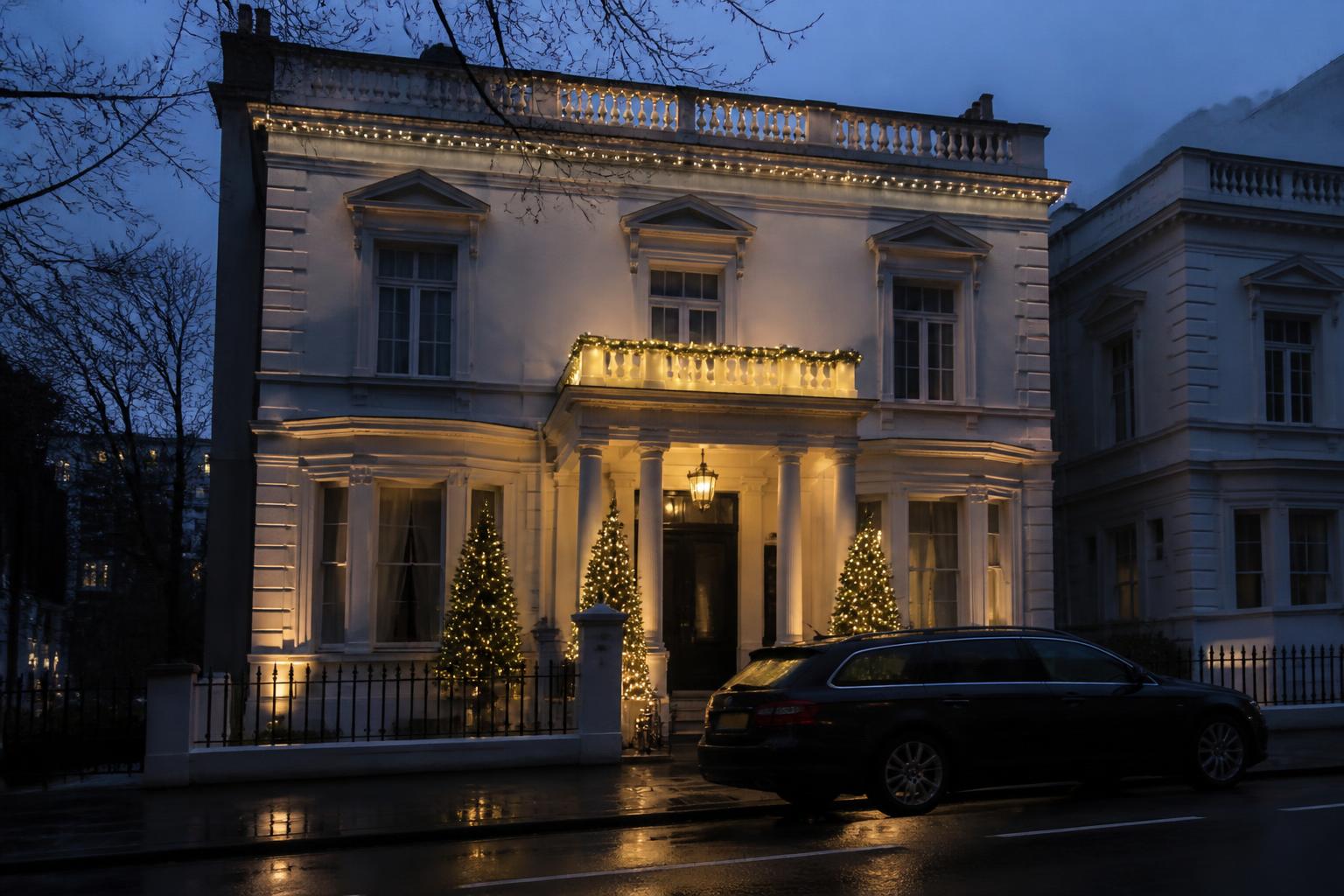 Stucco Villa, Kensington — Kensington, lit with warm white Christmas lights