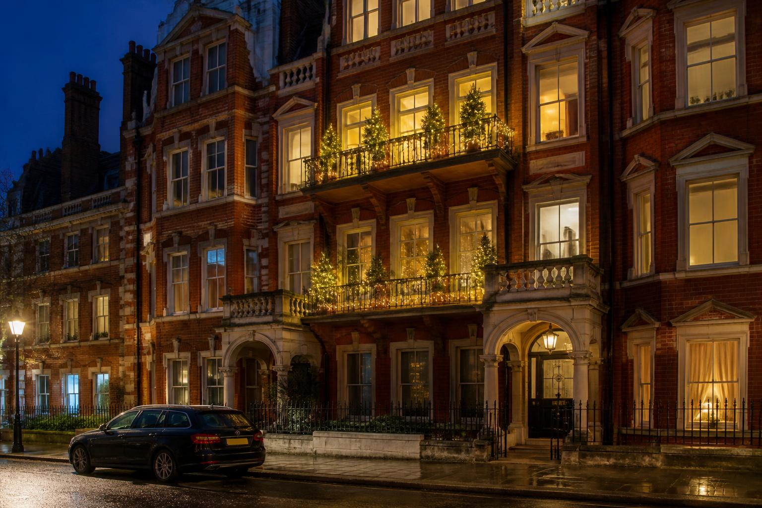 Mansion-Block Flat, Chelsea — Chelsea, lit with warm white Christmas lights