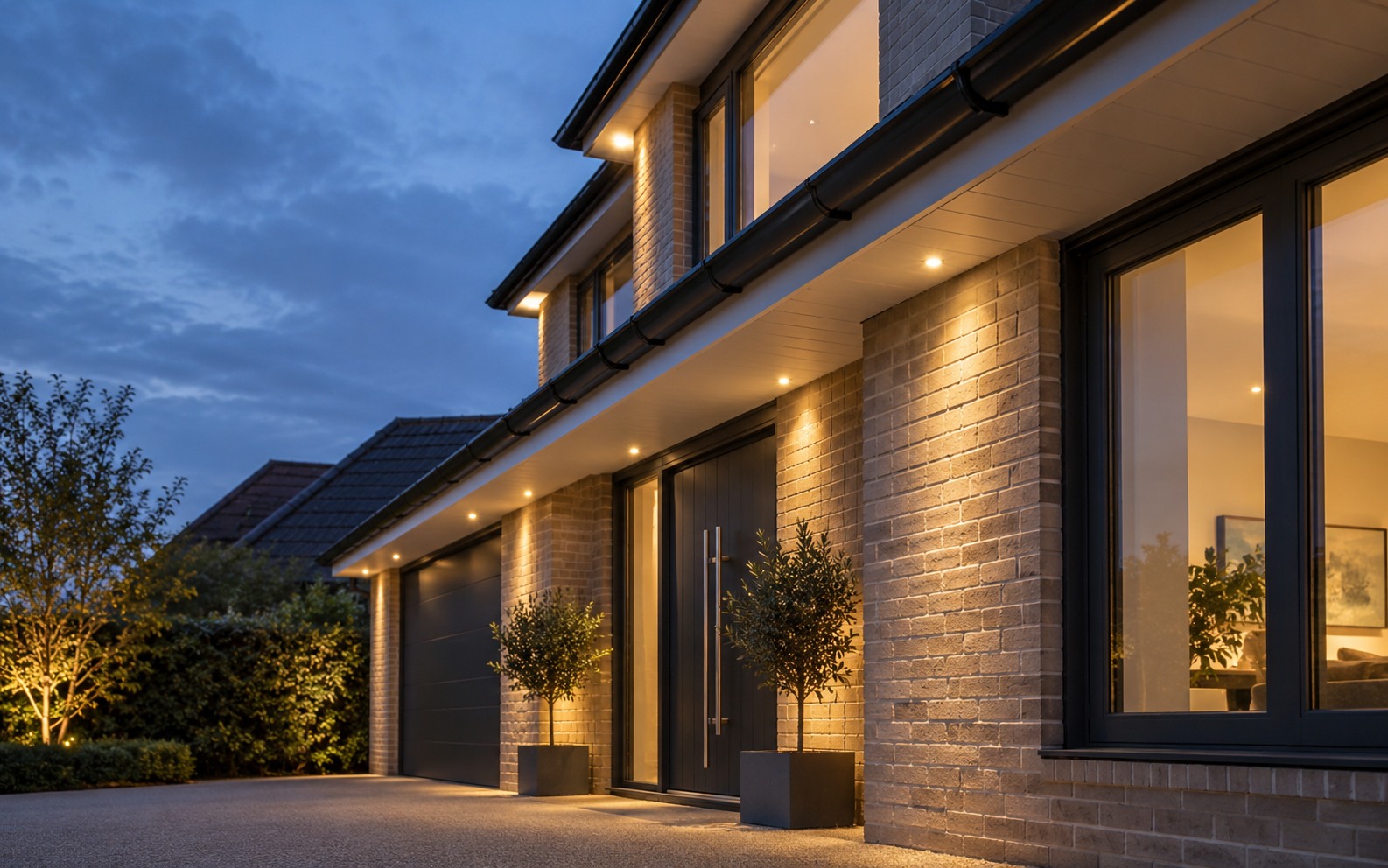 Discreet warm white lights integrated beneath the eaves of a contemporary brick house