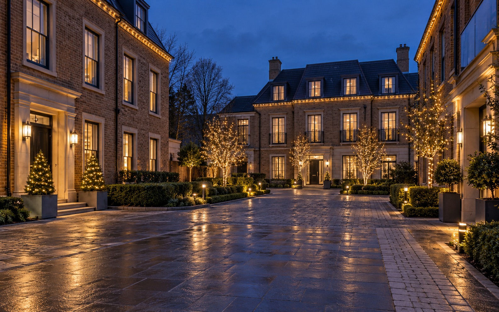 Managed courtyard with coordinated warm white tree and building lighting around a central approach