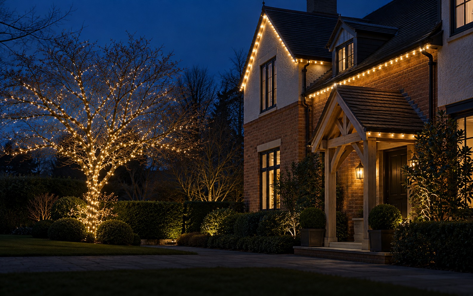 Warm white lights tracing the eaves of a brick house and wrapping a garden tree at dusk