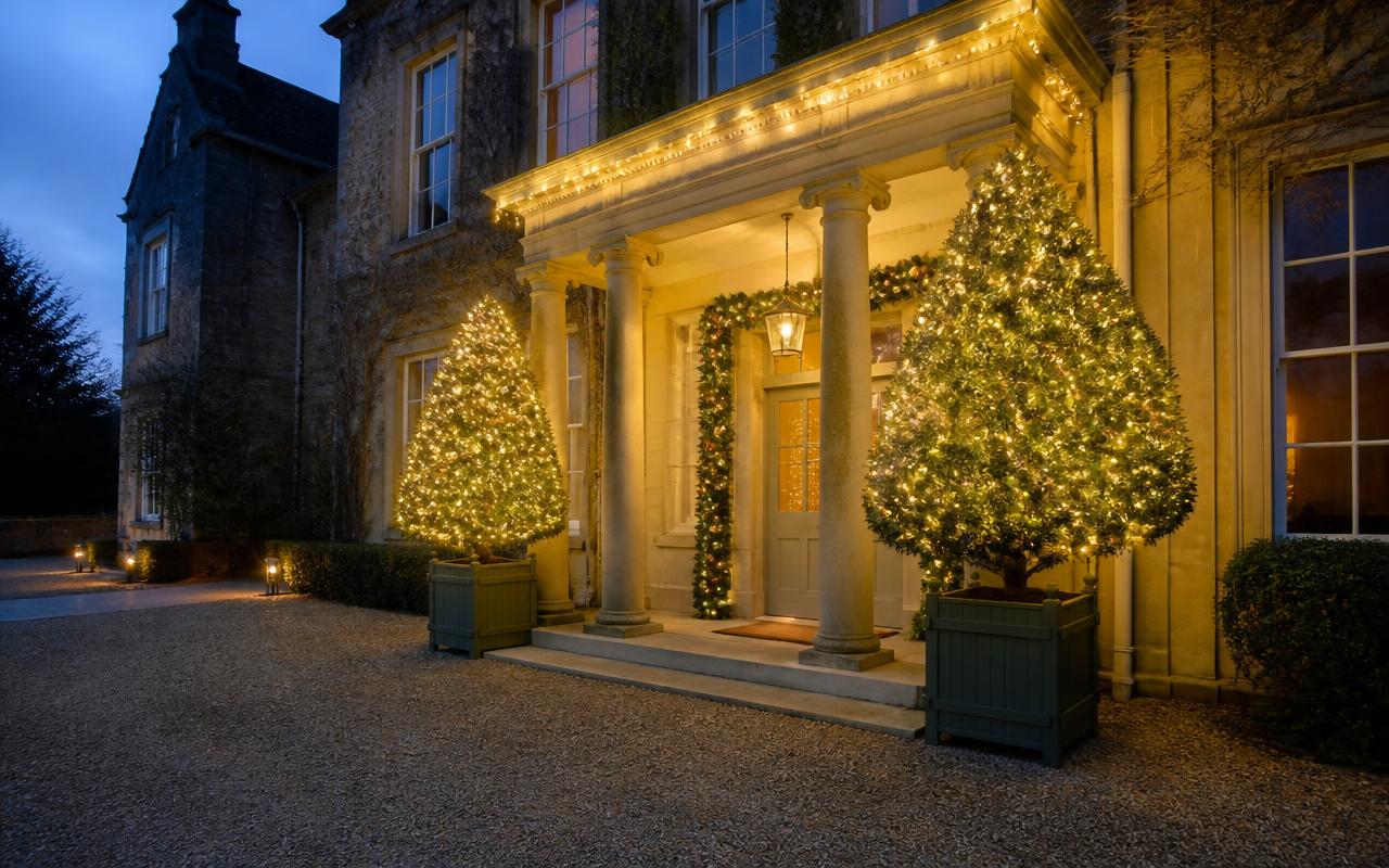 Hotels and venues dressed with warm white Christmas lights