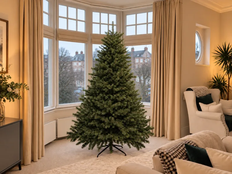 Putney bay-window room with an undecorated Christmas tree