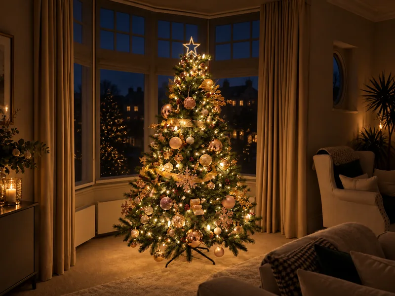 The same Putney room with the tree dressed in warm white lights and gold decorations