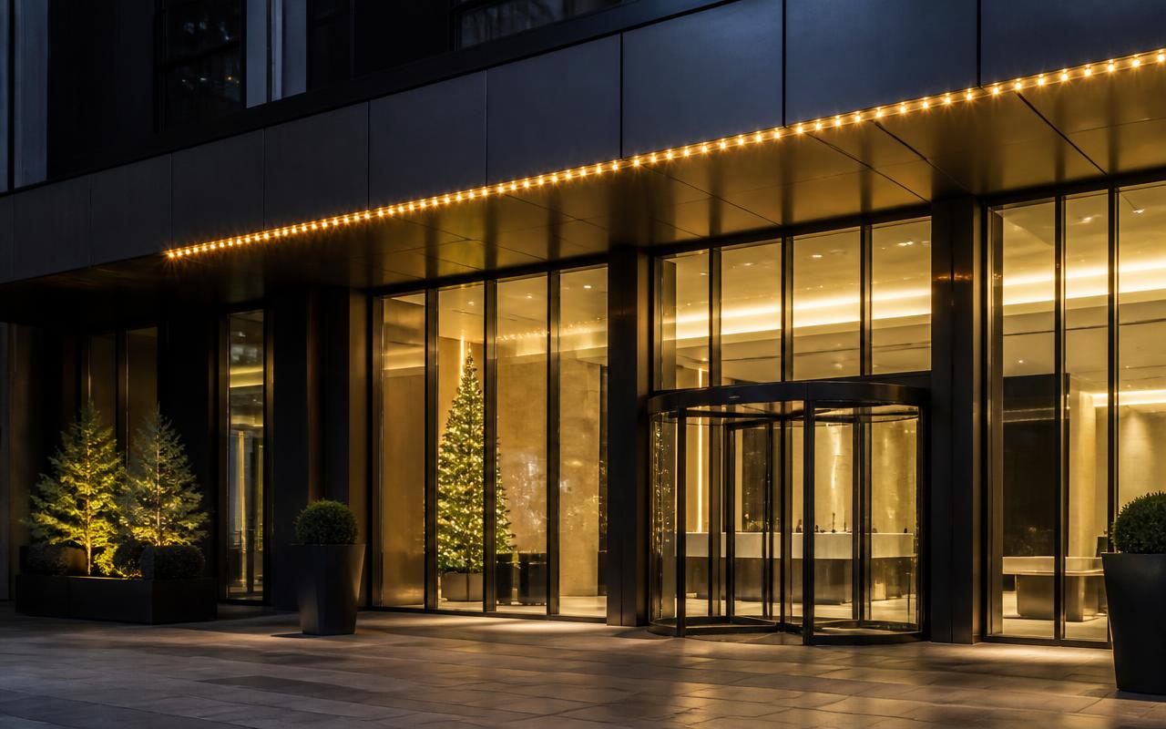 Offices and receptions dressed with warm white Christmas lights