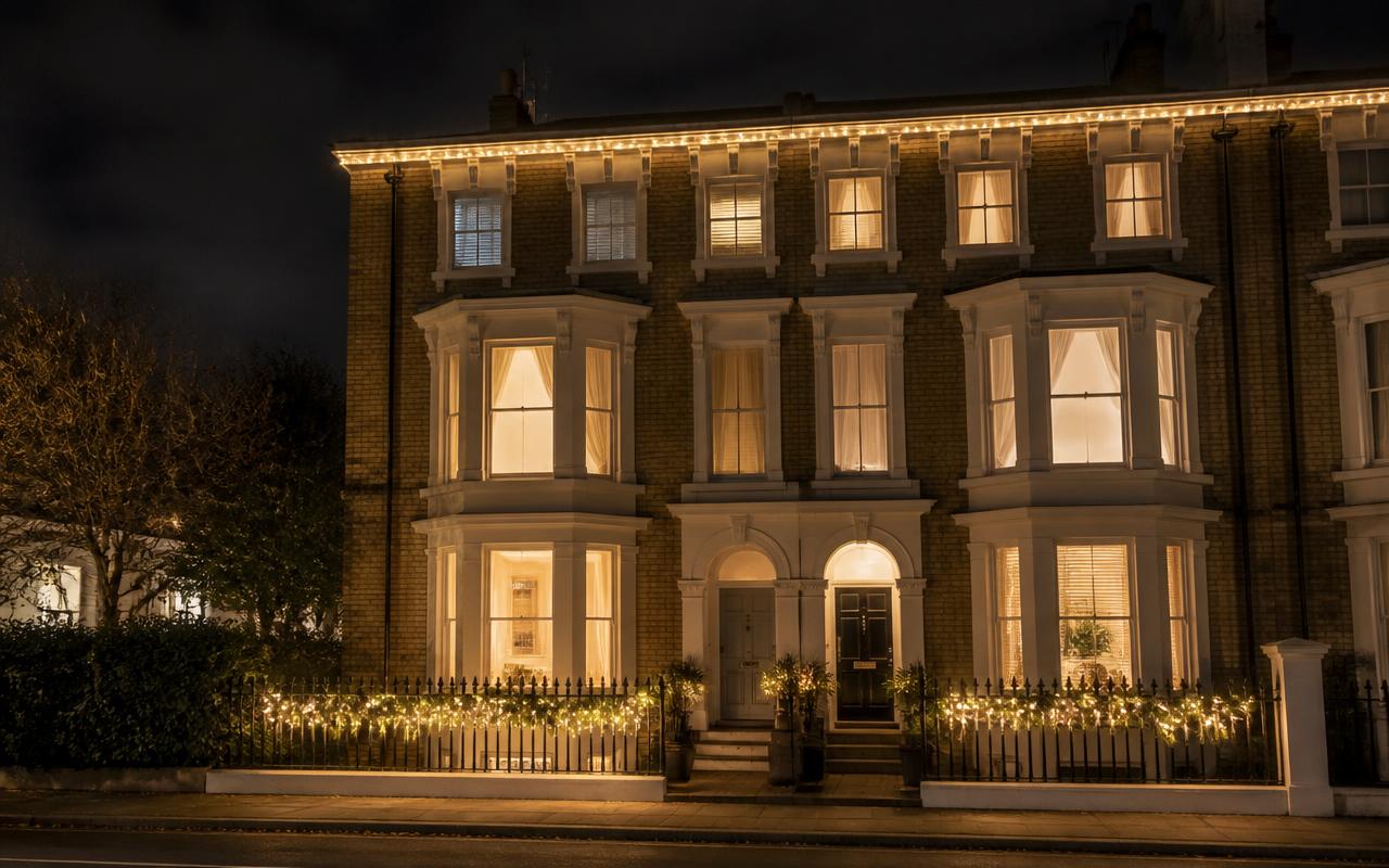 Three-Storey Townhouse, Clapham — Clapham, lit with warm white Christmas lights