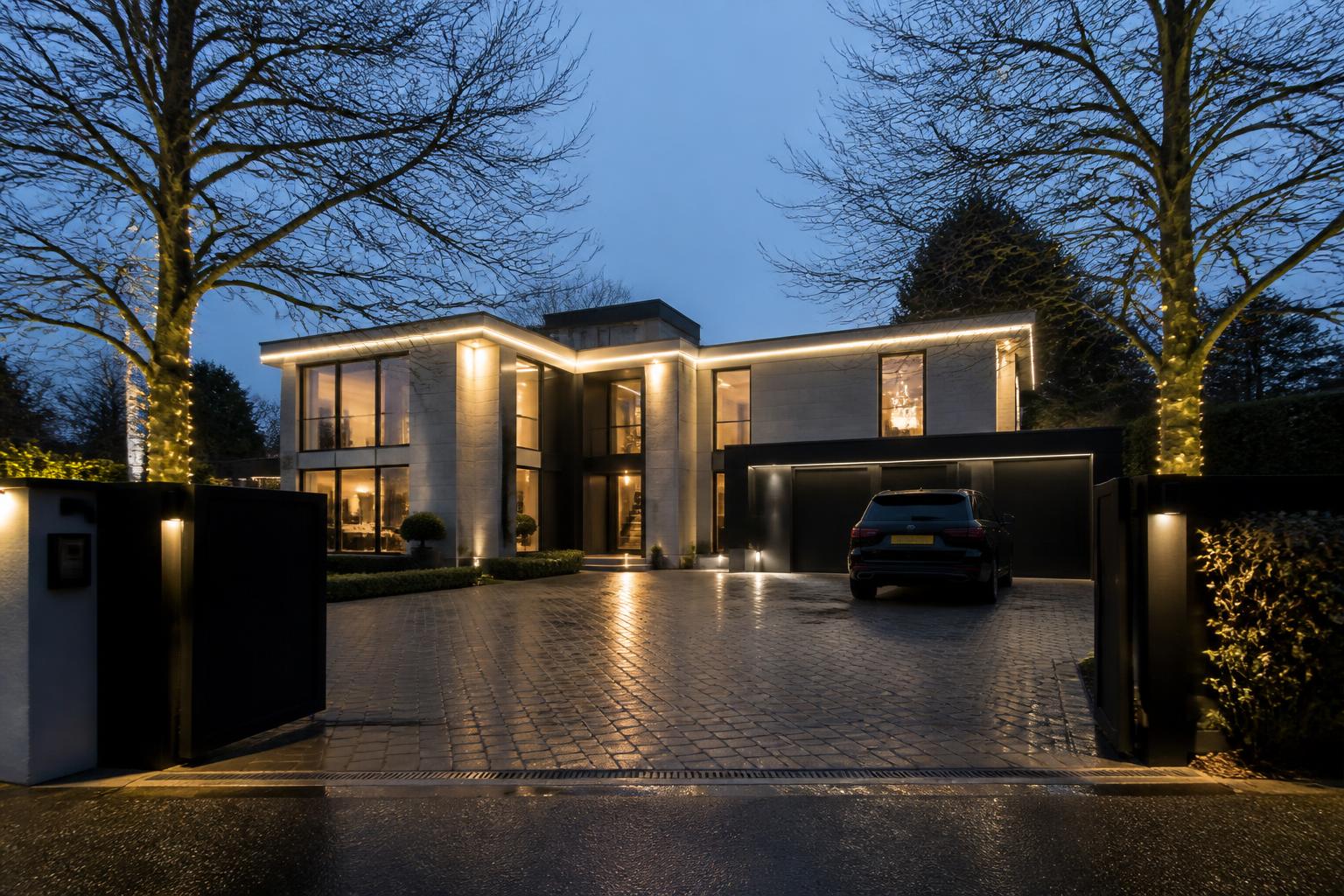 Gated Modern House, St George's Hill — Weybridge, lit with warm white Christmas lights
