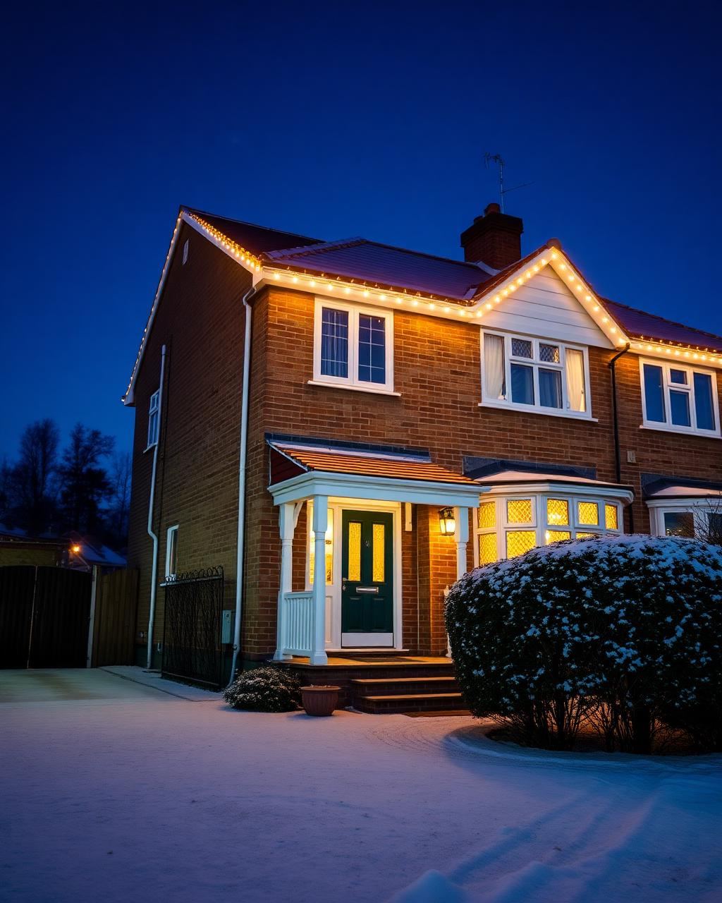 The same house at dusk with warm amber Christmas lights along the roofline and porch