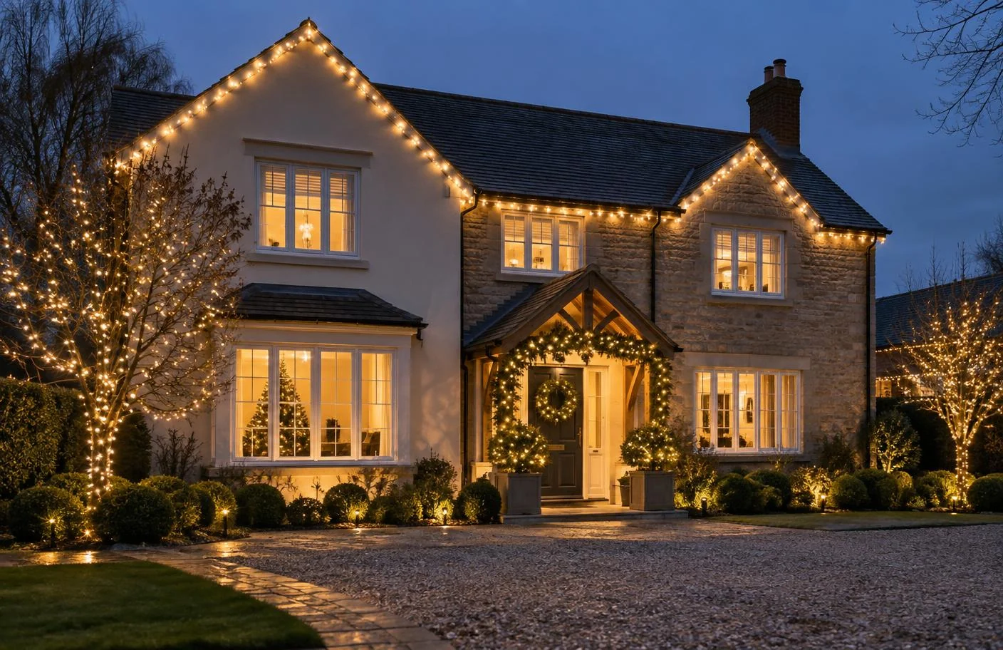 Illustrative concept of a UK home with roofline, entrance and tree lighting