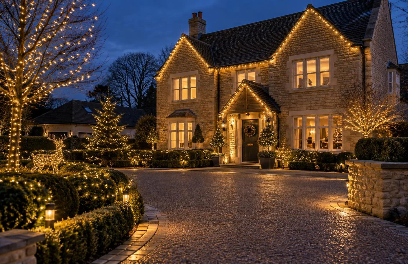 Illustrative concept of a full UK house-and-garden Christmas lighting display