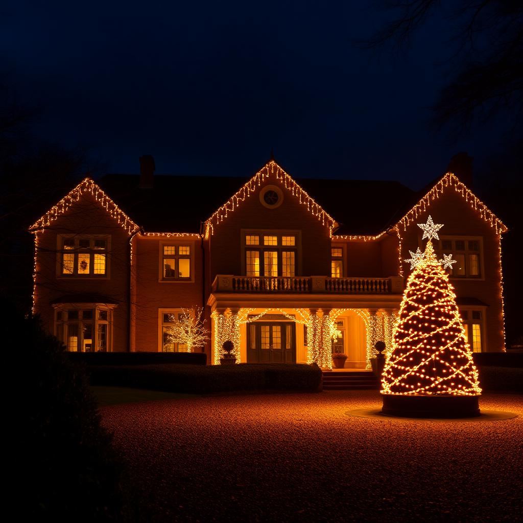 A large manor house lit with icicle lights and a giant illuminated Christmas tree
