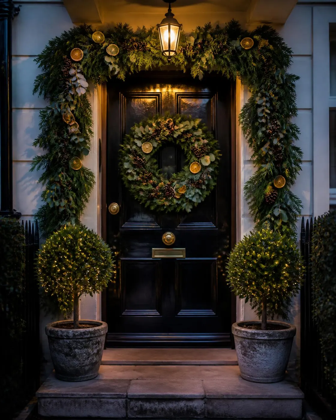 A black front door with a fresh fir wreath, garlanded surround and two lit bay trees
