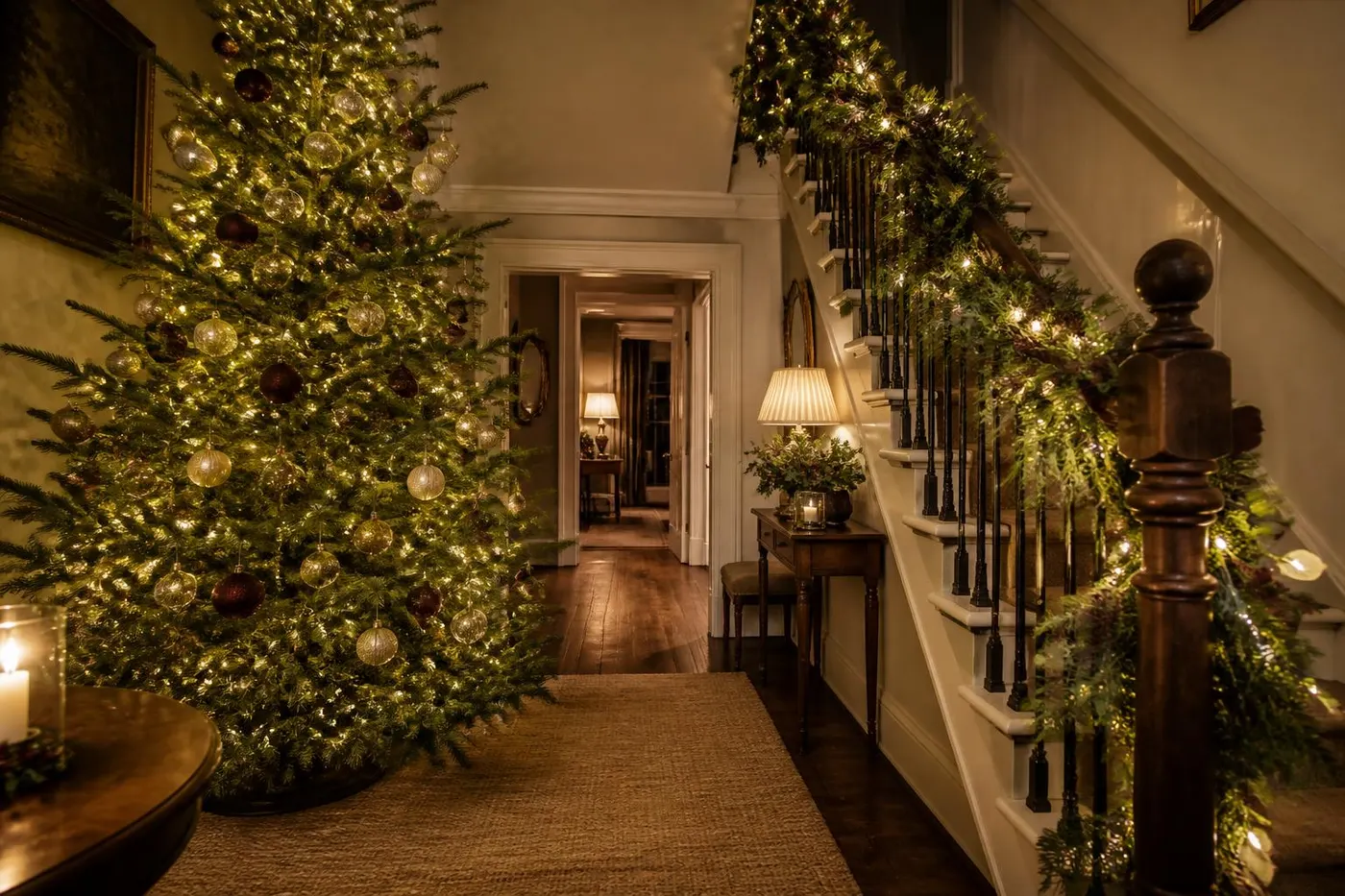A country-house hallway dressed for Christmas with a lit tree and a garland running up the staircase