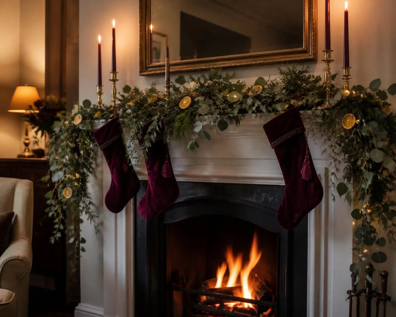 A dressed mantelpiece with eucalyptus garland, candles and velvet stockings above a lit fire