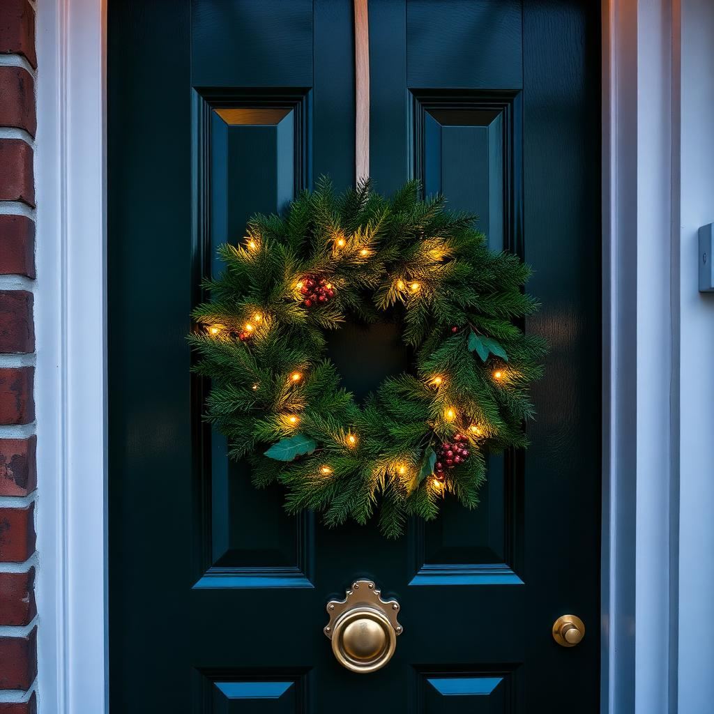 A green front door with a lit Christmas wreath and brass knocker
