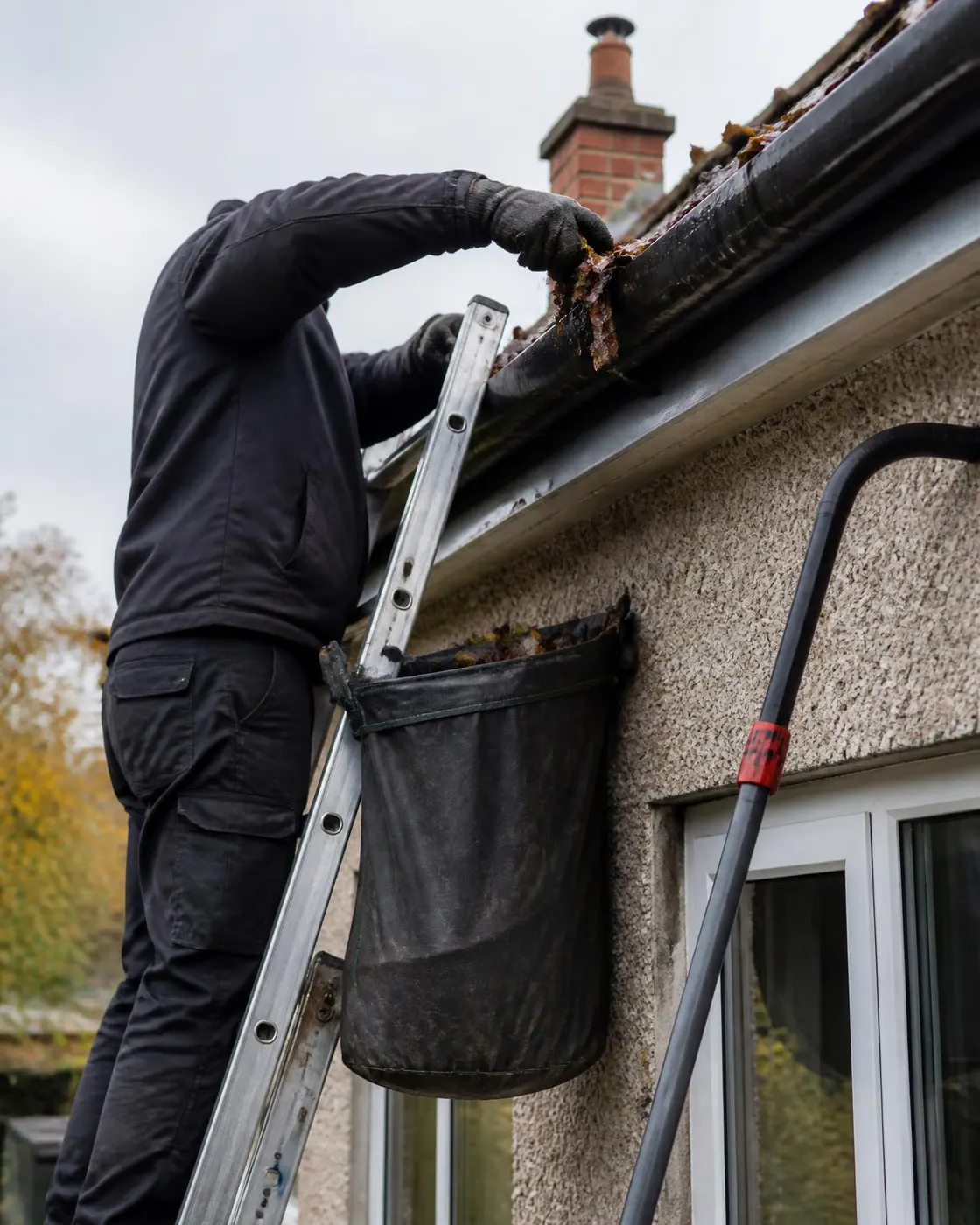 A fitter on a ladder clearing leaf litter from a gutter into a bag