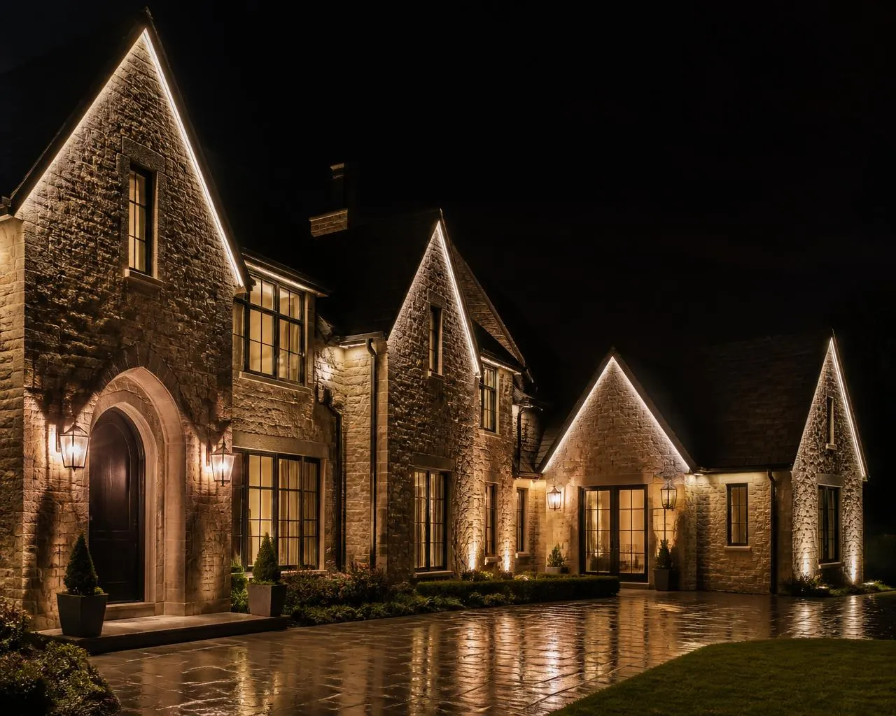 The same roofline at night, lit along every gable by the permanent system