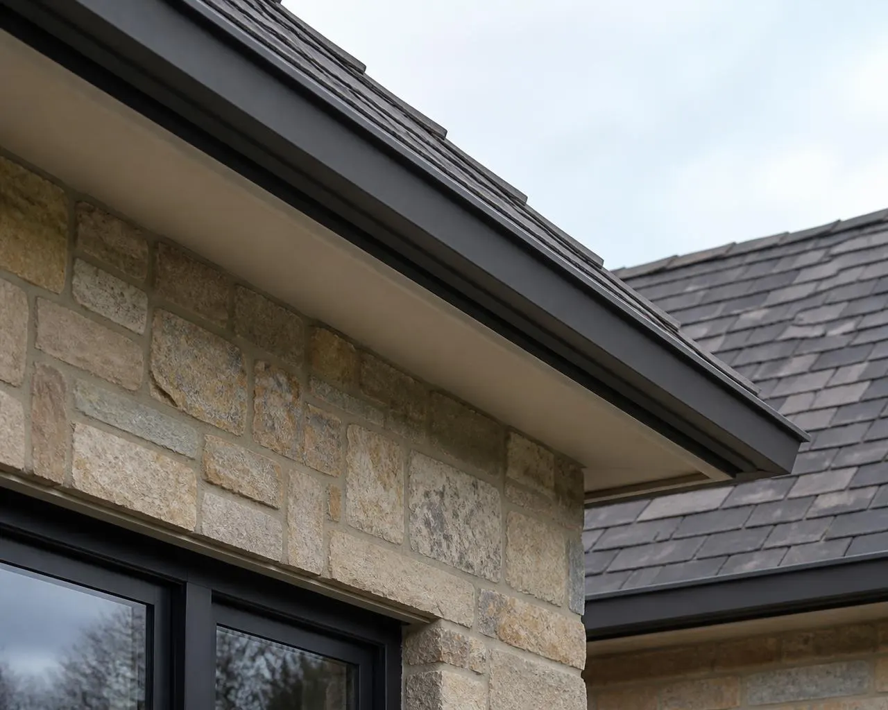 Close view of a slim colour-matched LED channel tucked under a stone house's eaves in daylight