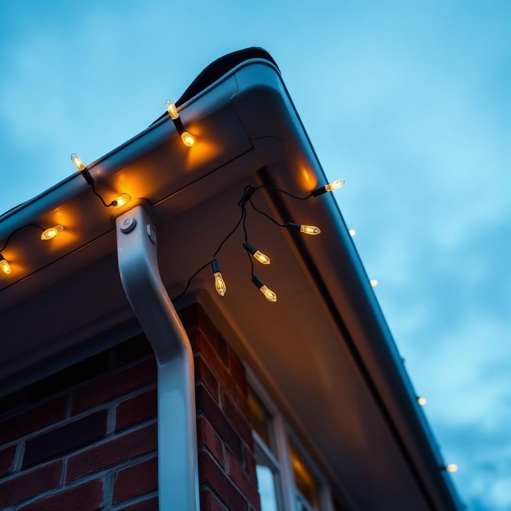 Warm amber string lights clipped neatly along the guttering of a brick house at dusk