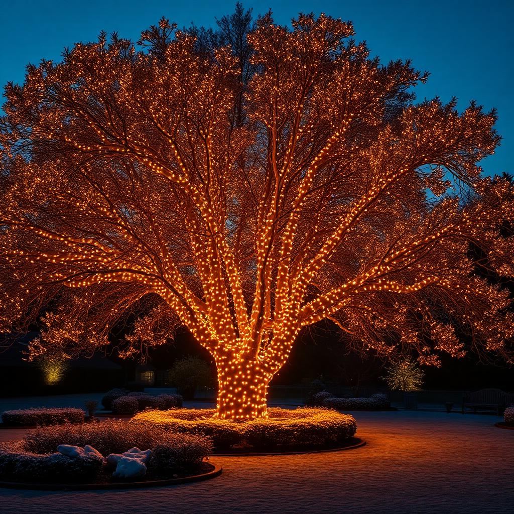 A large garden tree wrapped in thousands of warm golden fairy lights at night